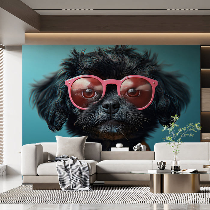 Chic Pup Mural Wallpaper | Teal Background with Pink Glasses