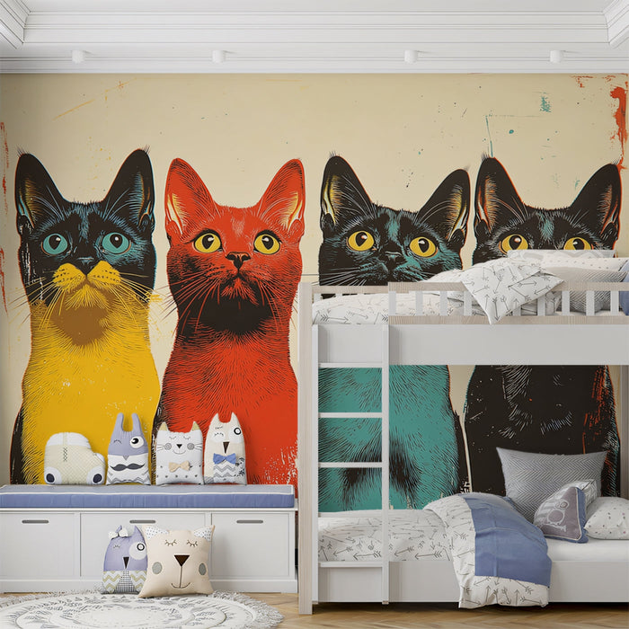 Pop - art Cat Mural Wallpaper | Colorful Feline Line - up