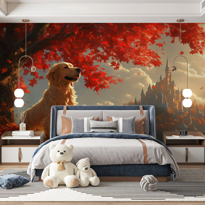 Fairytale Dog Mural Wallpaper | Autumn - castle Scene with Golden Retriever