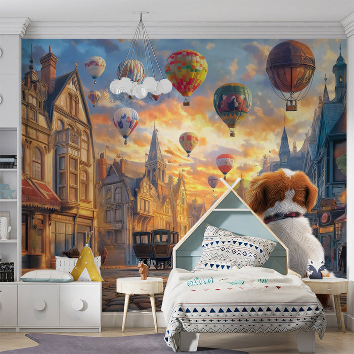 Balloon - filled Town Dog Mural Wallpaper | Whimsical Adventure Scene
