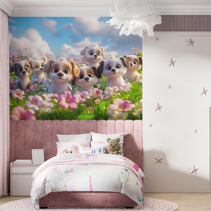 Puppy - filled Meadow Mural Wallpaper | Adorable and Serene