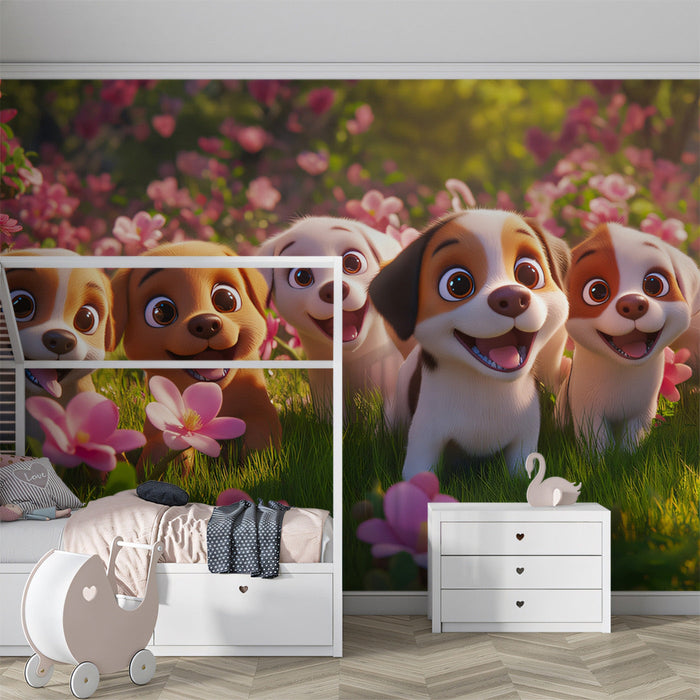Puppy - filled Meadow Mural Wallpaper
