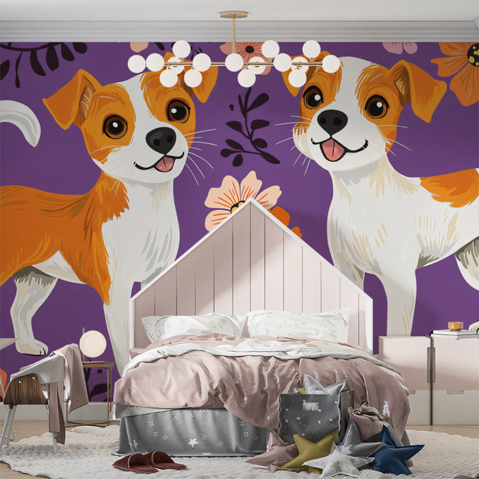 Floral Dogs Mural Wallpaper