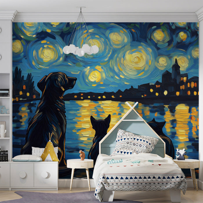 Starry Night - inspired Dog and Cat Mural Wallpaper