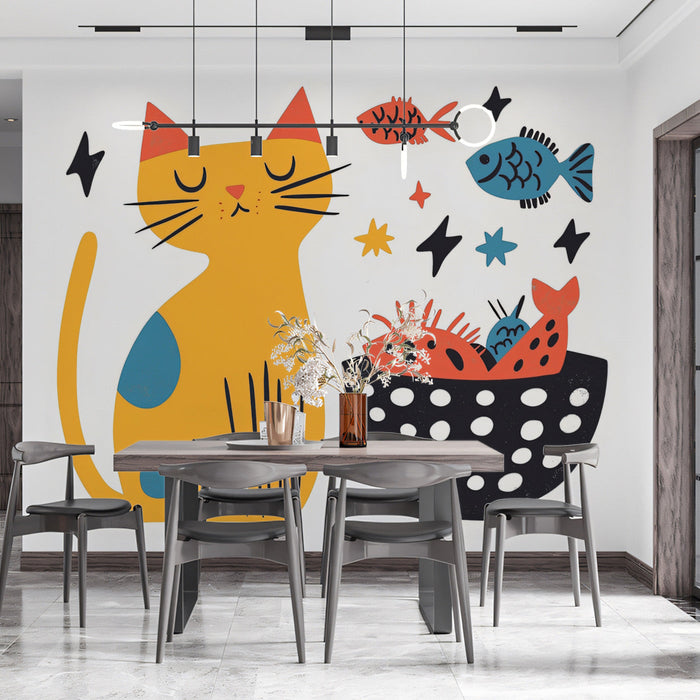 Whimsical Cat and Fish Mural Wallpaper