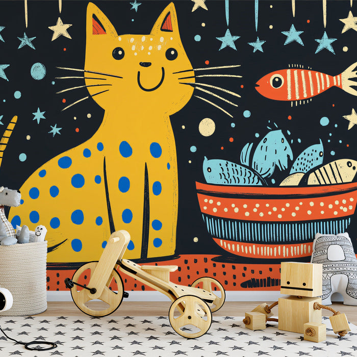 Starry Cat and Fish Mural Wallpaper