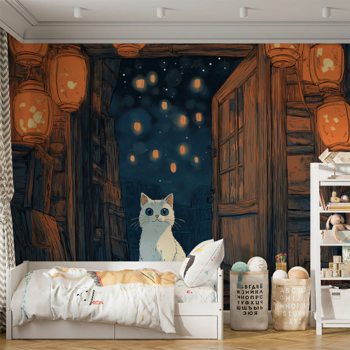 Lantern - lit Cat Mural Wallpaper