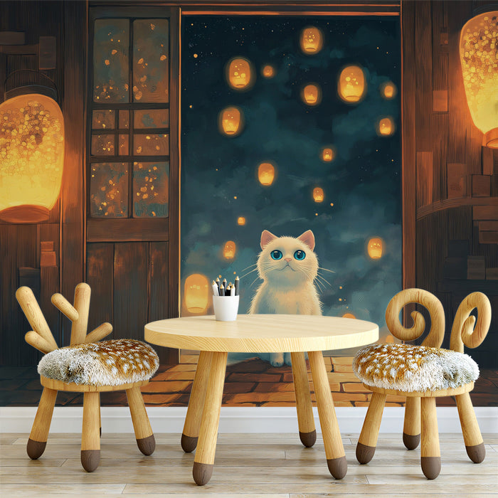 Lantern - lit Cat Mural Wallpaper