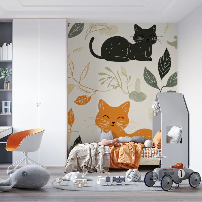 Leaf - surrounded Cats Mural Wallpaper