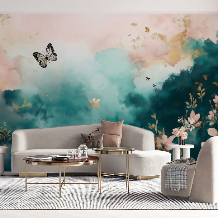 Watercolor - inspired Cloud and Butterfly Mural Wallpaper