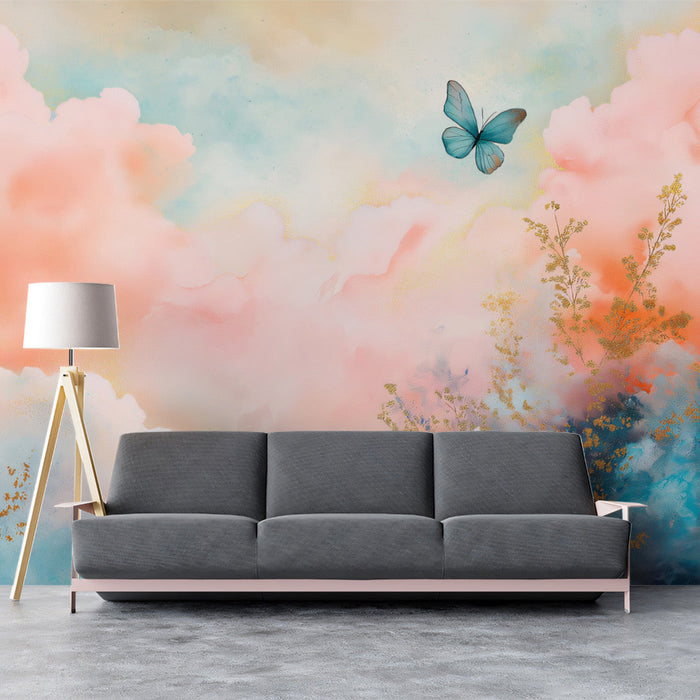 Watercolor - inspired Cloud and Butterfly Mural Wallpaper