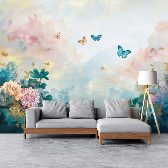 Watercolor - inspired Cloud and Butterfly Mural Wallpaper