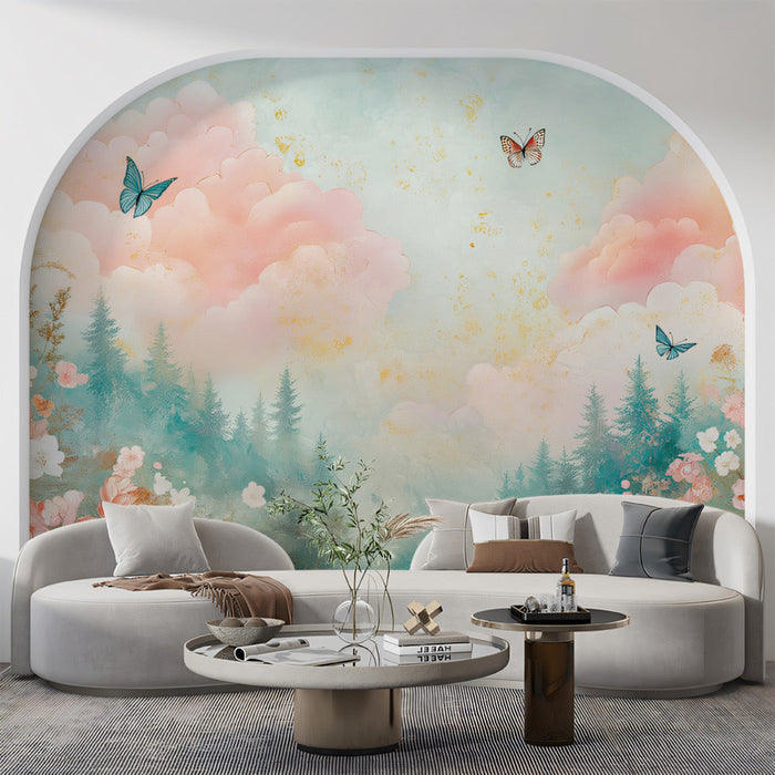 Watercolor - inspired Cloud and Butterfly Mural Wallpaper