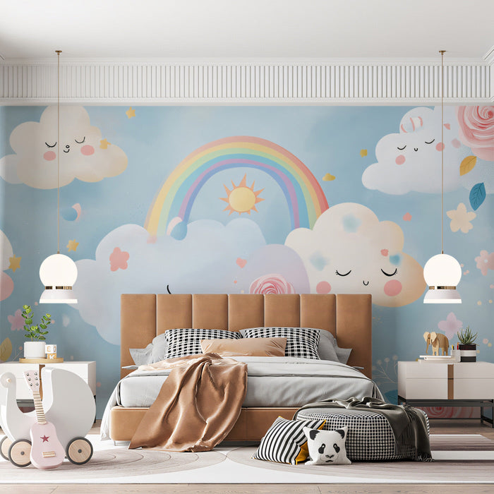 Cheerful Cloud and Rainbow Mural Wallpaper
