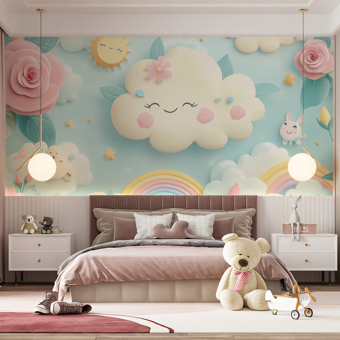 Cheerful Cloud and Rainbow Mural Wallpaper