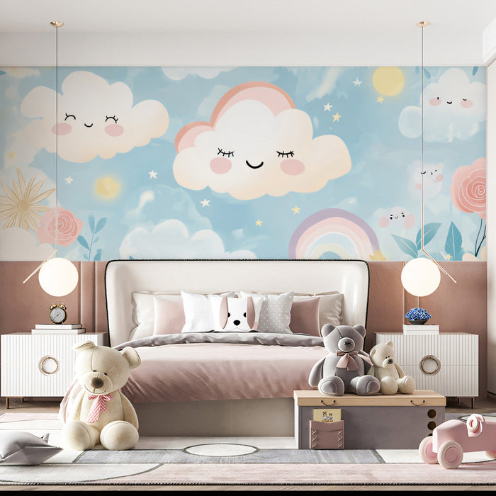 Cheerful Cloud and Rainbow Mural Wallpaper