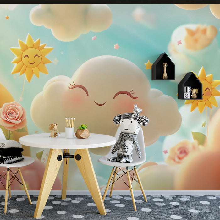Happy Cloud and Sun Mural Wallpaper