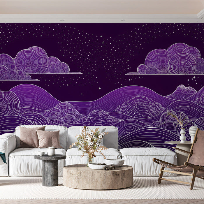 Celestial Dreamscape Mural Wallpaper | Mauve, Gold, Black