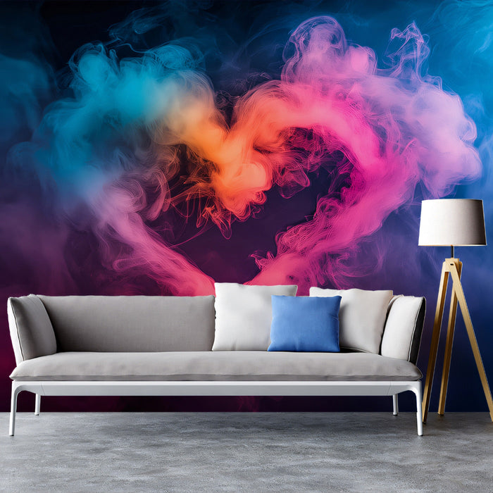 Heart - Shaped Smoke Mural Wallpaper | Pink, Blue, Orange Heart
