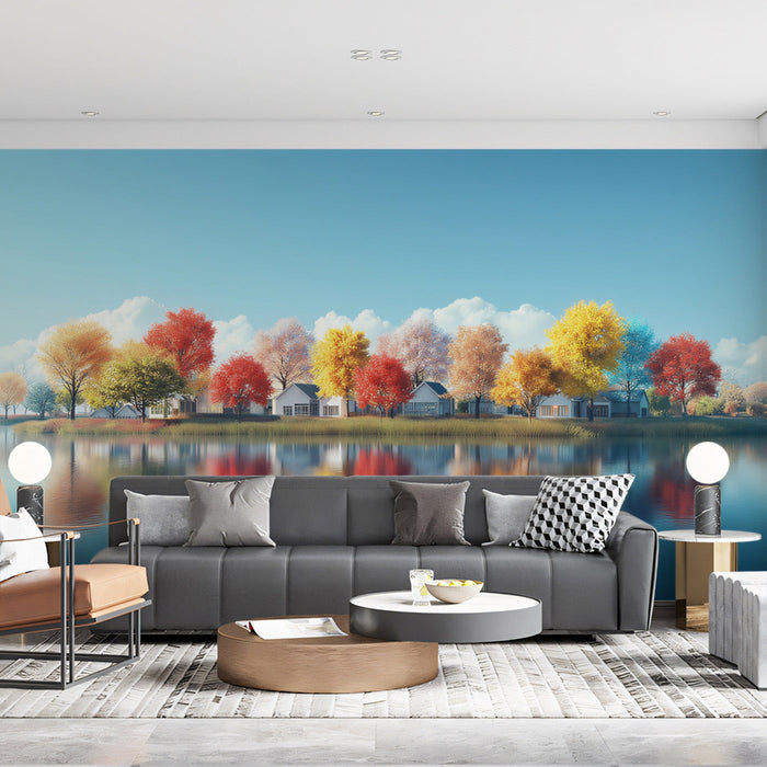 Autumn Lakeside Mural Wallpaper | Red, Yellow, Blue