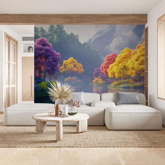 Mystical Mountain Lake Mural Wallpaper | Purple, Yellow, Green