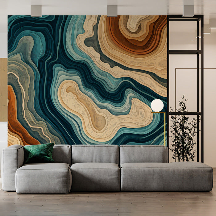 Geometric Stone Mural Wallpaper | Teal, Brown, Beige