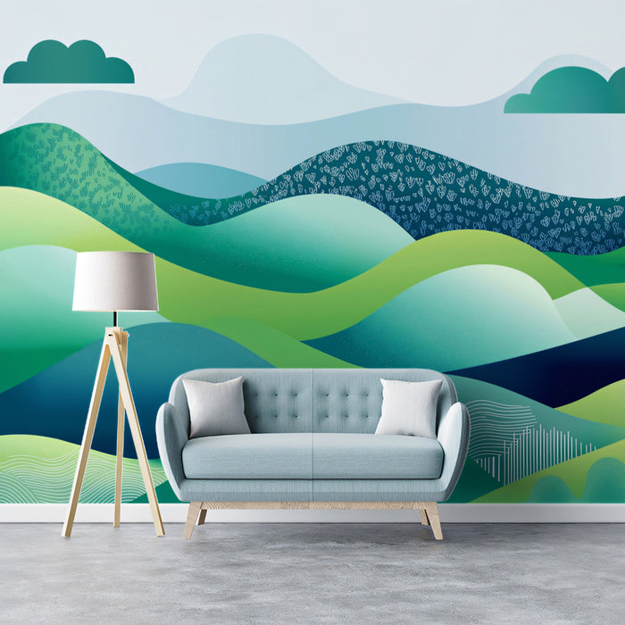 Rolling Hills Mural Wallpaper | Teal, Green, Blue