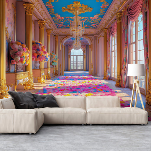 Royal Palace Hall Mural Wallpaper (Blue and Pink) | Blue, Pink, Gold Baroque Palace