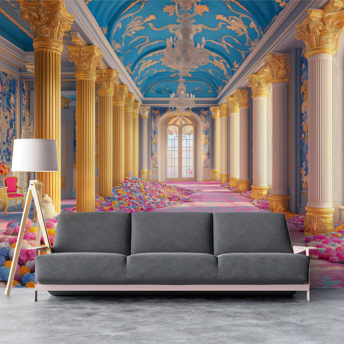 Royal Palace Hall Mural Wallpaper (Blue and Pink) | Blue, Pink, Gold Baroque Palace