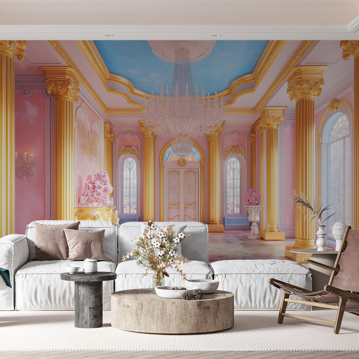 Royal Palace Hall Mural Wallpaper (Pink and Gold) | Pink, Gold, Teal Baroque Palace