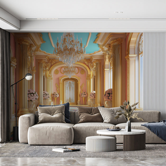 Royal Palace Hall Mural Wallpaper (Pink and Gold) | Pink, Gold, Teal Baroque Palace
