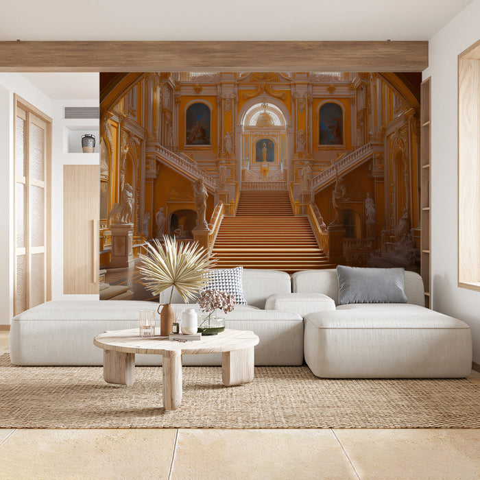 Grand Baroque Staircase Mural Wallpaper (Orange - Toned) | Orange, Gold, Brown
