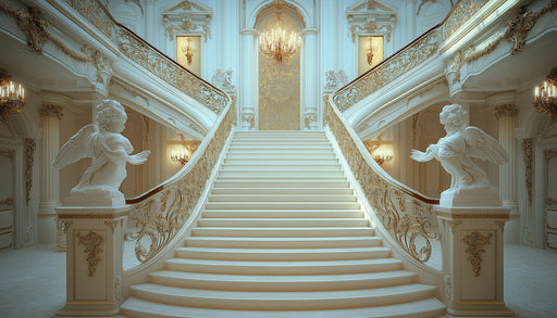 Grand Baroque Staircase Mural Wallpaper (Blue - Toned) | Blue, Gold, White
