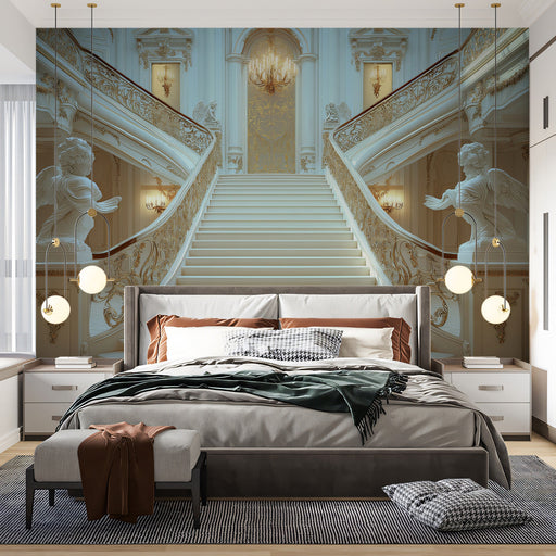 Grand Baroque Staircase Mural Wallpaper (Blue - Toned) | Blue, Gold, White