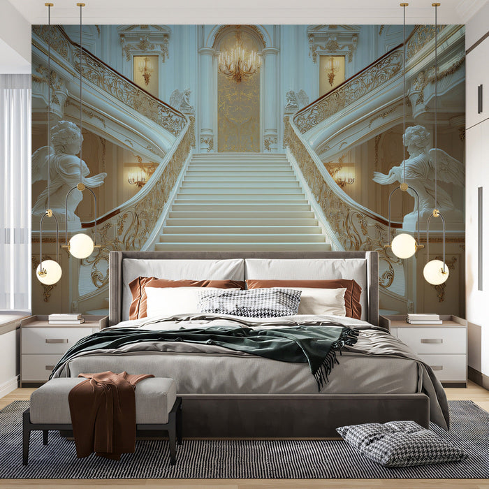 Grand Baroque Staircase Mural Wallpaper (Blue - Toned) | Blue, Gold, White
