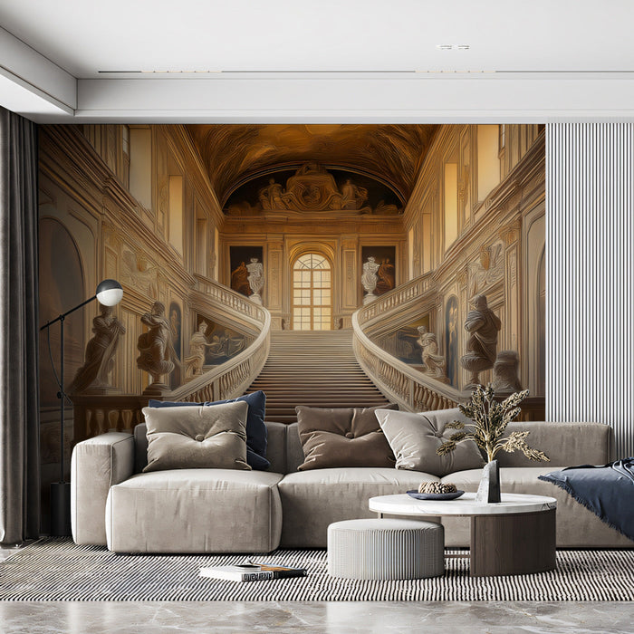 Gilded Grand Baroque Staircase Mural Wallpaper | Gold, Brown, Cream