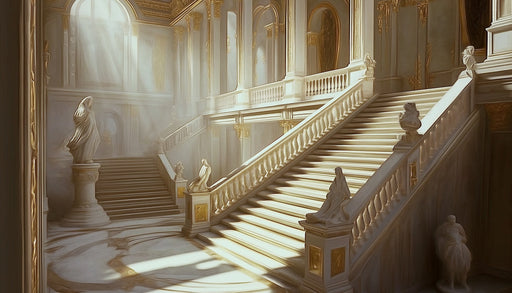 Serene Baroque Palace Staircase Mural Wallpaper | White, Gold, Soft Gray