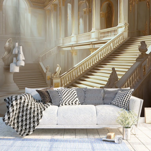 Serene Baroque Palace Staircase Mural Wallpaper | White, Gold, Soft Gray