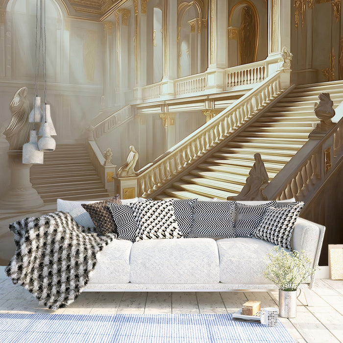 Serene Baroque Palace Staircase Mural Wallpaper | White, Gold, Soft Gray