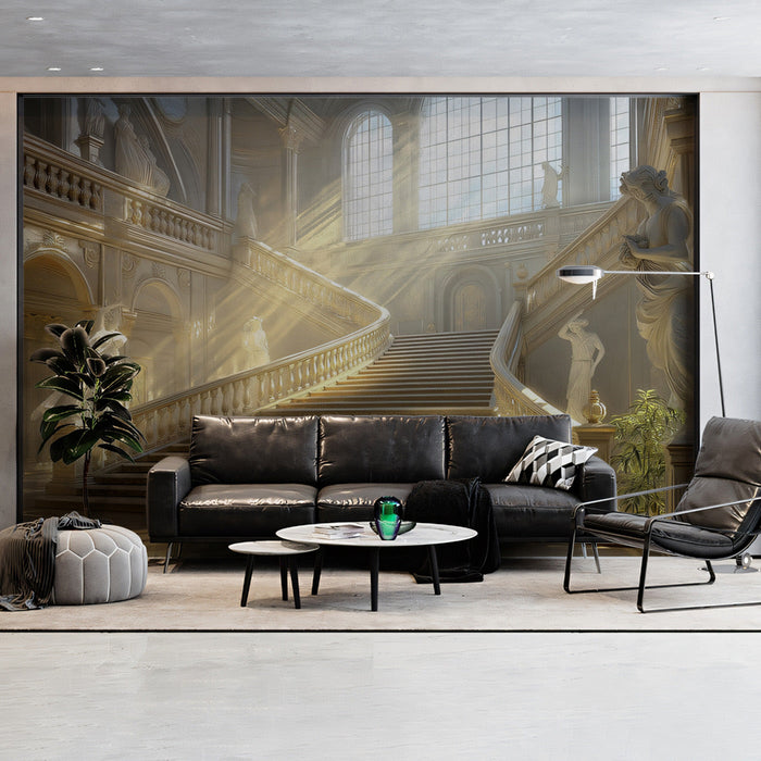 Sunlit Baroque Palace Staircase Mural Wallpaper | Yellow, Gold, Brown