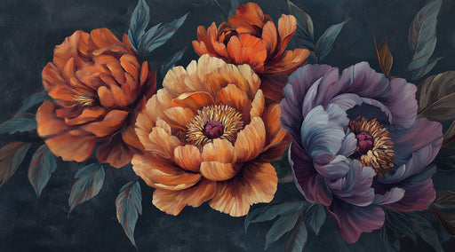 Romantic Vivid Peony Mural Wallpaper | Orange, Purple, Blue - Gray
