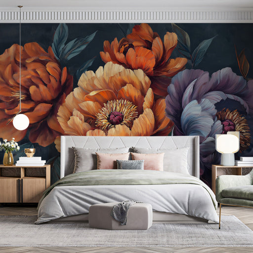 Romantic Vivid Peony Mural Wallpaper | Orange, Purple, Blue - Gray