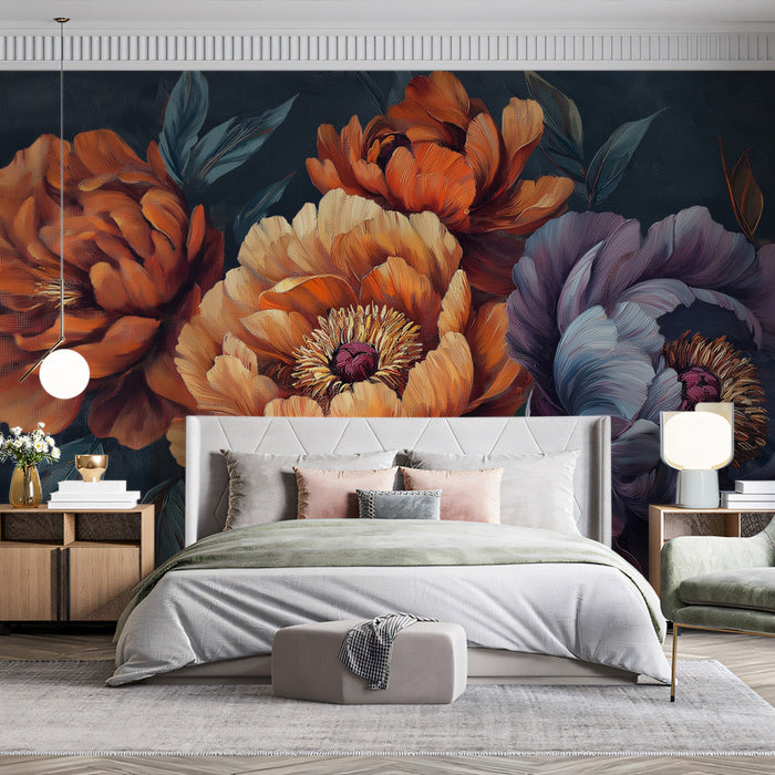 Romantic Vivid Peony Mural Wallpaper | Orange, Purple, Blue - Gray