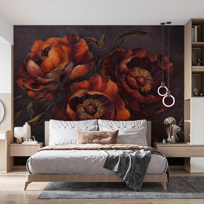Rich Red Peony Mural Wallpaper | Deep Red, Orange, Black