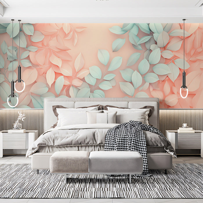 Soft Leafy Mural Wallpaper | Peach, Mint, White