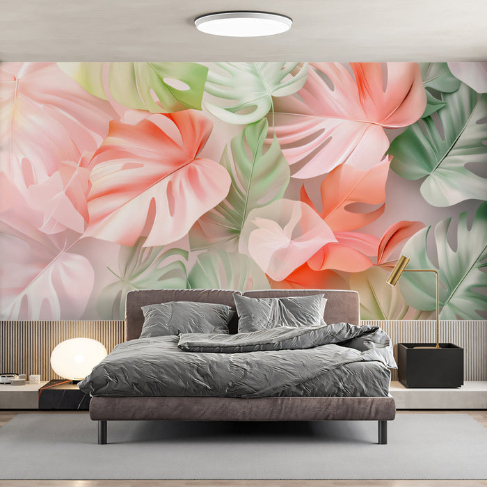 Monstera Delight Mural Wallpaper | Pink, Green, Cream