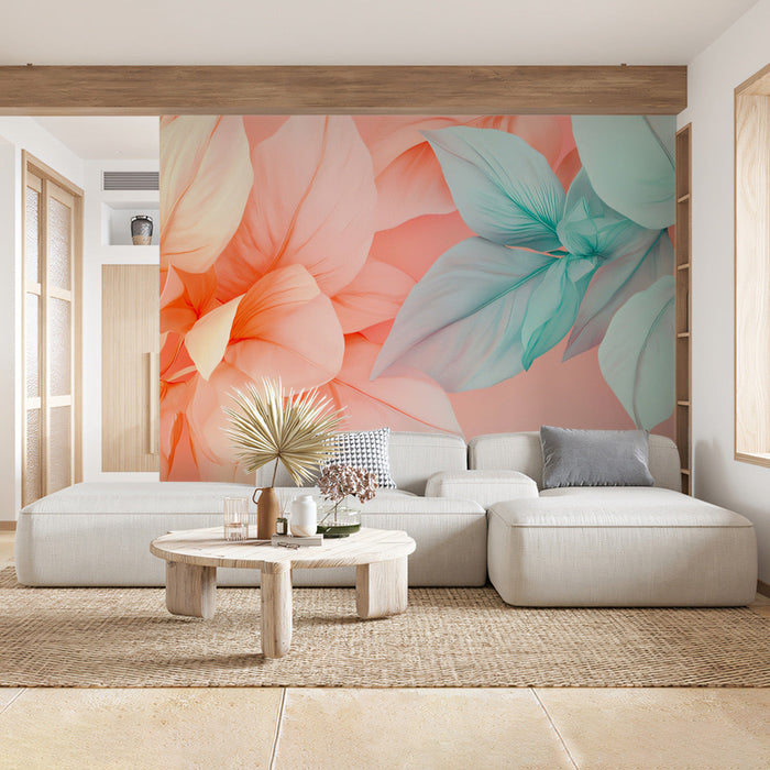 Soft Floral Blush Mural Wallpaper | Orange, Pink, Teal
