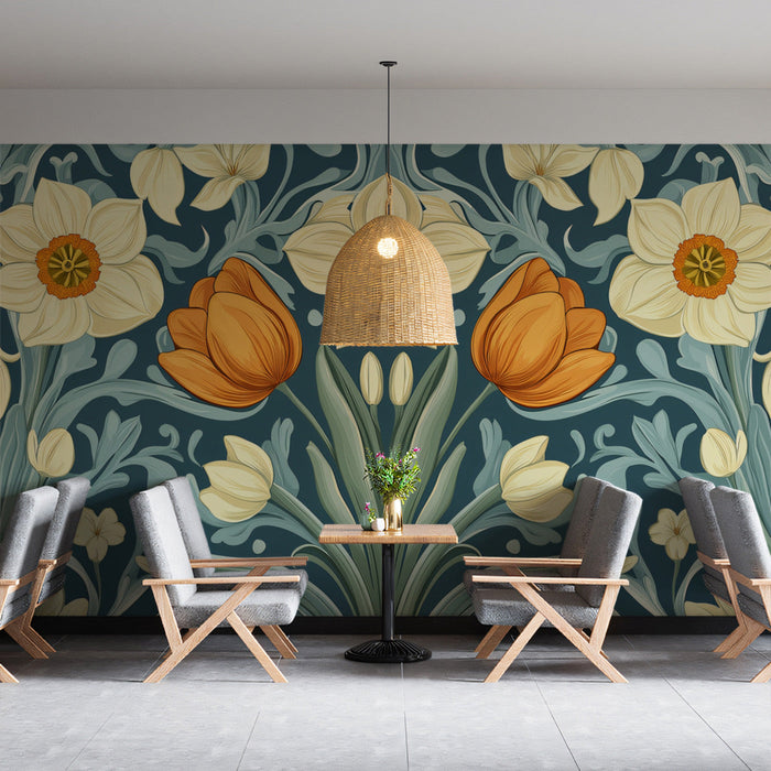 Floral Teal Tapestry Mural Wallpaper | Teal, Yellow, Cream