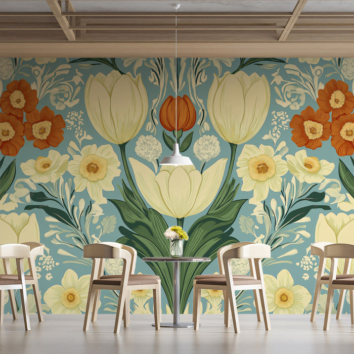 Floral Teal Tapestry Mural Wallpaper | Teal, Yellow, Cream