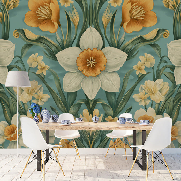 Floral Teal Tapestry Mural Wallpaper | Teal, Yellow, Cream